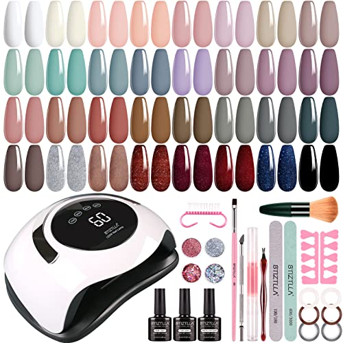 Btiztlla Gel Nail Polish Kit with 120W LED Light, 12 Colors White Nude Glitter Gel Nail Polish Set, UV LED Nail Lamp, No Wipe Base Top Coat, Mani