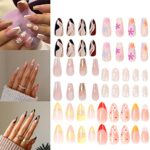 6 Packs (144 Pcs) Press on Nails Medium Design, Almond Fake Nails with Adhesive Tabs Acrylic Nails for Women and Girls