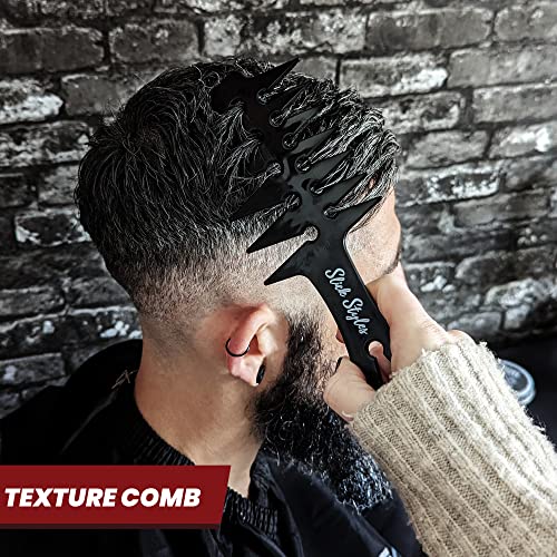 Slick Styles Texture Comb, Black Hair Styling Barbers Comb Wide Tooth Comb 200mm x 80mm Large Two Sided Mens Comb Fantail Handle