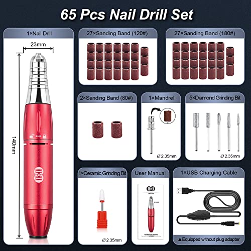 Electric Nail Drill Machine, CIICII 30000RPM Electric Nail Files Professional Set (65Pcs Portable Variable Speed All-Metal Chuck Lock Forward & R