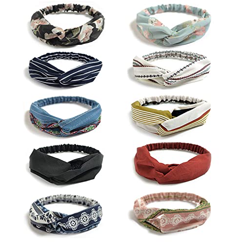 DRESHOW 10 Pieces Wide Headbands Knot Turban Headband Hair Band Elastic Hair Accessories for Women and Girls