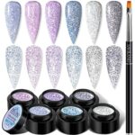 Saviland Reflective Glitter Gel Nail Polish Set - 6 Colors Super Flashing Diamond Gel Polish Set with Nail Brush, Purple Blue Black Sparkling Soa