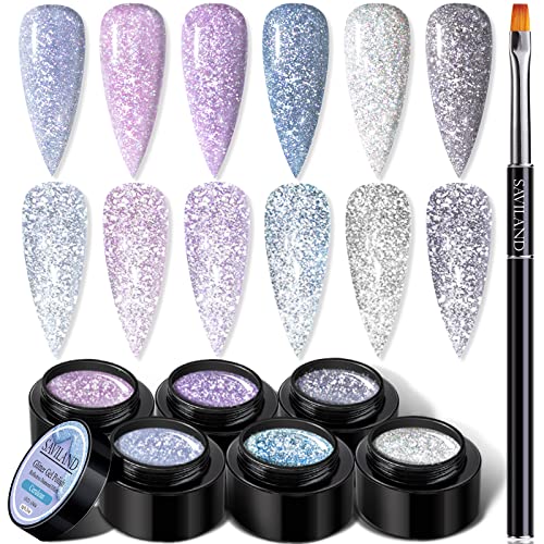 Saviland Reflective Glitter Gel Nail Polish Set - 6 Colors Super Flashing Diamond Gel Polish Set with Nail Brush, Purple Blue Black Sparkling Soa