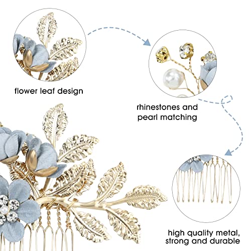 inSowni 20 Pack Classy Dusty Blue Flower Bridal Wedding Hair Side Combs+Floral Hair Pins+Twist Spiral Pearl Hair Pins Clips Pieces Formal Prom He