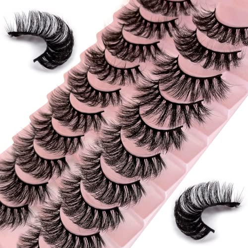 False Eyelashes Russian Strip Lashes 10 Pairs Reusable Natural Look 7D Faux Mink Lashes Fluffy Volume Wispy Fake Eyelashes Handmade Thick Soft Lo