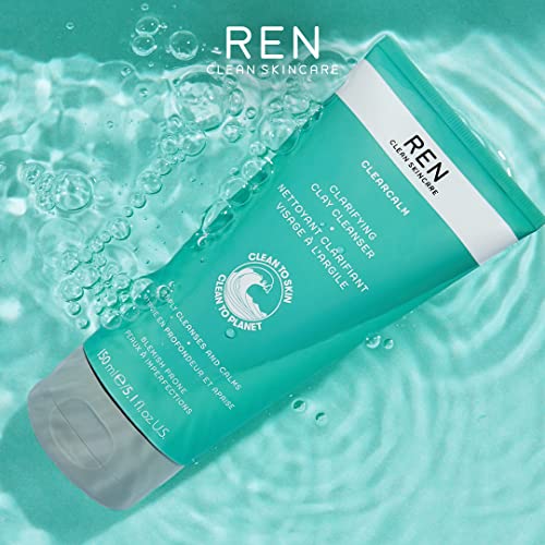 REN Clean Skincare Clearcalm Clarifying Clay Cleanser, Cleanse, Calm and Comfort Breakout-Prone Skin, With Kaolin Clay & Willow Bark, 150 ml