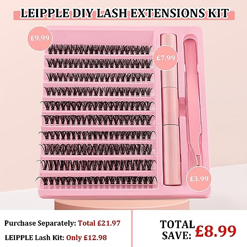 Leipple DIY Lash Extension Kit, Individual Lashes with Lash Glue Bond and Seal, 200 Cluster Lashes 8~16mm Natural Look Lash Clusters False Eyelas