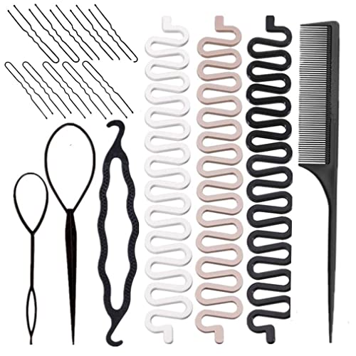 Hair Braiding Kit, Include 1 set of Topsy Hair Tail Tools, 3pcs Hair Braid French Centipede Braiders, 1pcs Plastic Bun Maker, 10pcs U Shaped Hair