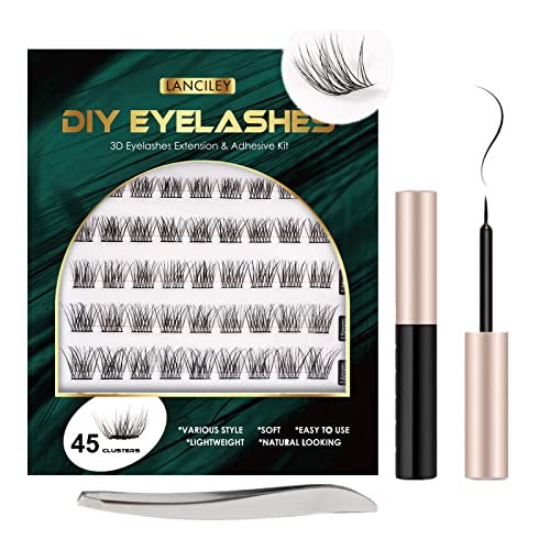 Lanciley Individual Lashes 45 Clusters Lashes CC Curl DIY Eyelash Extension Kit at Home for Make-up Beginner False Eyelashes with Eyelash Glue Tw