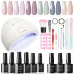 Maykawe Gel Nail Polish Set with 48W Nail Lamp Starter Kit, 6 Colors Nude Gray Pink Purple Gel Nail Polishes, Base Top Coat, Manicure Tools Acces