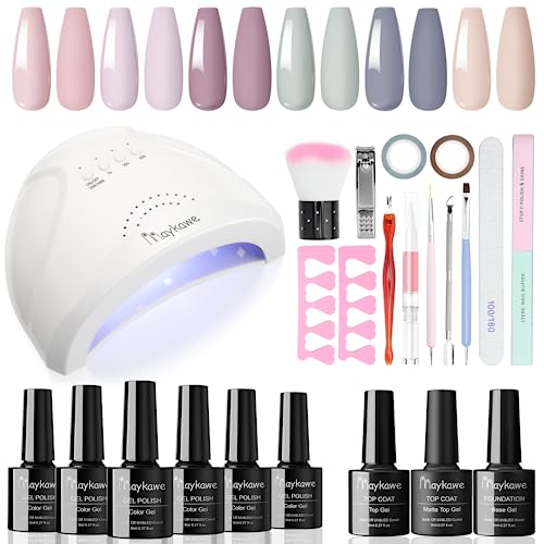 Maykawe Gel Nail Polish Set with 48W Nail Lamp Starter Kit, 6 Colors Nude Gray Pink Purple Gel Nail Polishes, Base Top Coat, Manicure Tools Acces
