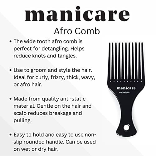 Manicare Afro Comb For Detangling And Styling, Professional Hairdressing Tool For Curly, Wavy, Frizzy And Afro Hair, Wide Tooth Anti-Static, Redu