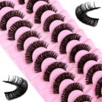 False Eyelashes Russian Strip Lashes D Curl Fluffy Wispy 10 Pairs Reusable Natural Look Faux Mink Volume Fake Handmade Thick Soft Long Dramatic E