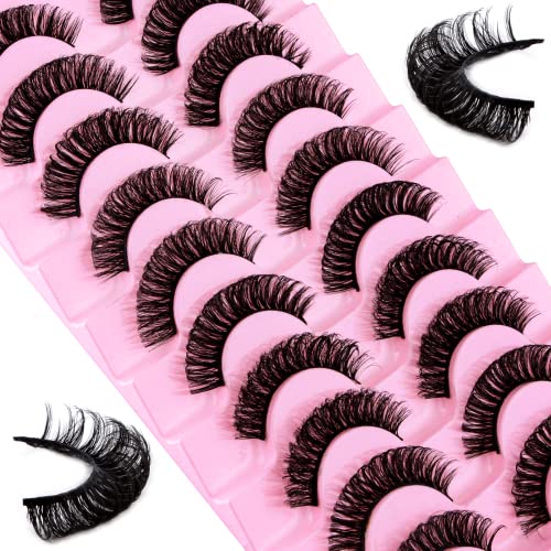 False Eyelashes Russian Strip Lashes D Curl Fluffy Wispy 10 Pairs Reusable Natural Look Faux Mink Volume Fake Handmade Thick Soft Long Dramatic E