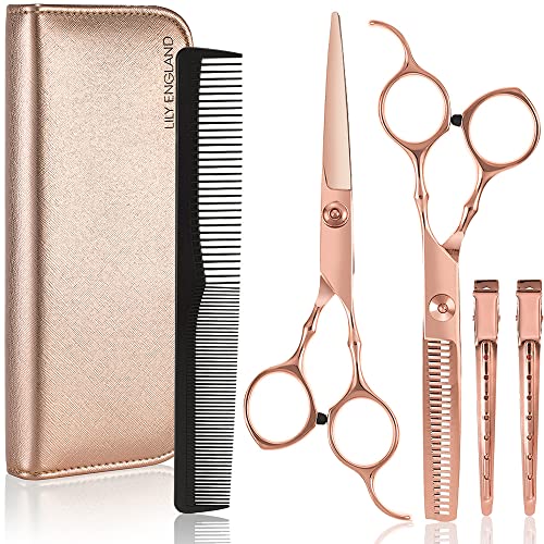 Hairdressing Scissors Set for Women - Hairdresser Barber Hair Cutting Scissors Kit for Trimming, Thinning with Comb, Clips and Case by Lily Engla