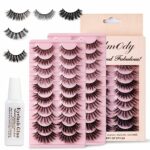 Elmody 20 Pairs False Eyelashes with Glue, D Curl – Wispy Eyelashes Extensions with 3D Effect – Fluffy Volumize Faux Mink False Lashes – Strip La