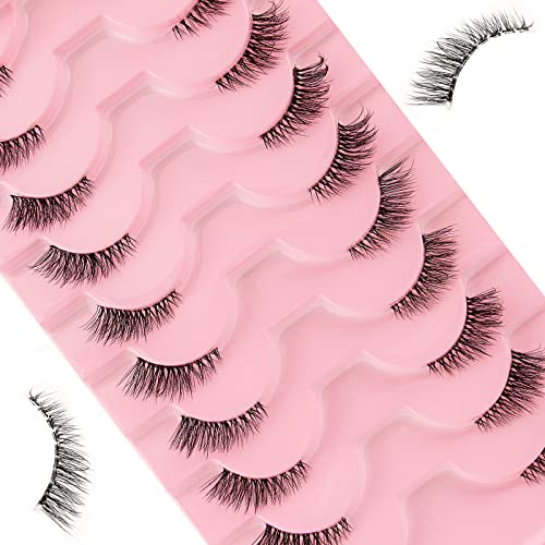 False Eyelashes Natural Look Half Lashes Short Wispy Clear Band Lashes Cat Eye 3D Faux Mink 3/4 Eye Lashes Fake Eyelashes Strip 10 Pairs Pack (A0