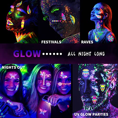 Neon Temporary Tattoo - 120+ Assorted Designs Glow in the Dark Neon Temporary Tattoo, UV Blacklight Neon Glow Fake Tattoos Rave Festival Accessor