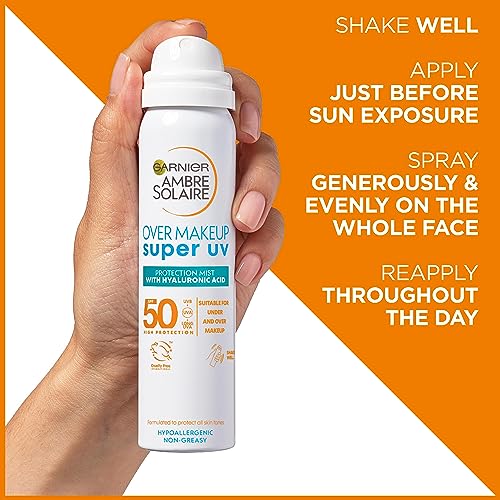 Garnier Ambre Solaire Sun Protection Over Makeup, Non-Greasy + Lightweight, With Hyaluronic Acid, Protection Mist SPF50, Super UV, 75ml