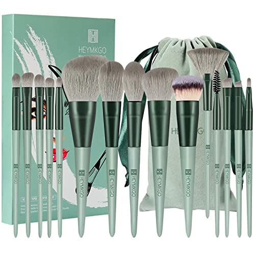 Makeup Brushes HEYMKGO 15pcs Premium Synthetic Bristles Green Conical Handle Kabuki Foundation Brush Makeup Sets Professional Portable Flannel Ba