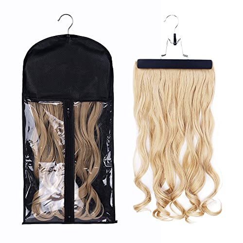 RJMBMUP Hair Extensions Storage Bag with Hanger Hairpieces Storage Holder Wigs Carrier Case for Store Style Hair Black Color