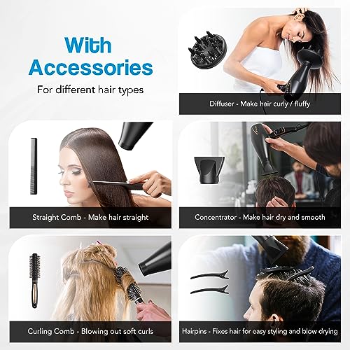 Professional Hair Dryer,GLAM hairdryer 2300W AC Motor fast Drying Salon Blow Dryer Ionic 3 heat 2 speed settings cold Button, with accessories Di