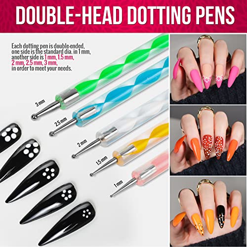 FANDAMEI Nail Starter Kit with Nail Gems - 15pcs Nail Pen Designer + 5pcs Dotting Tool + 10pcs Nail Striping Tape + 12 Boxes Nail Crystals + 12 B