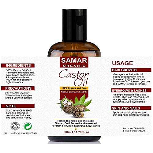 Castor Oil - 100% Pure and Certified Organic, Cold Pressed, Unrefined, Non-GMO. Ideal for Natural Hair Growth Treatment, Boost Eyelash, Eyebrow g