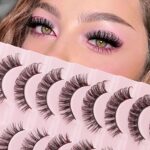 False Eyelashes Natural Look Russian Strip Lashes Faux Mink D Curl Fake Eyelashes Wispy Fluffy Volume 3D Effect Cat Eye Lashes Reusable Handmade