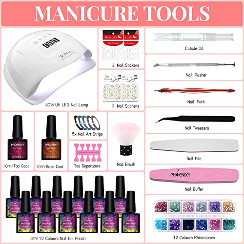 Gel Nail Polish Starter Kit with UV Light 80W LED Nail Lamp, Phoenixy 12 Colors Soak Off Gel Nail Polish Set Base and Glossy Top Coat Manicure To