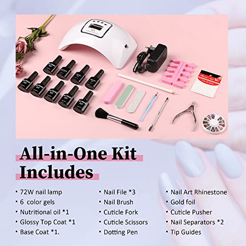 CICK Gel Nail Set Nail Lamp,72W UV LED Nail Dryer Curing Gel Nail Polish Set 6 Gel Colors Matte&Glossy Top Coat Base Coat, Essential Manicure Too