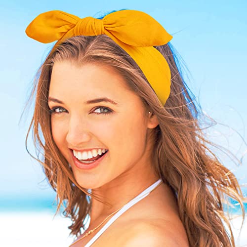 Sibba 2 Pieces Headbands Vintage Rabbit Ear Bow Headwraps Boho Headband Rabbit Ear Hairband Hair Accessories for Women Girls(Yellow)
