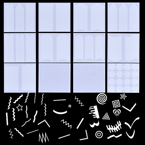1275 pieces, 49 nail art designs, stencils, French tip guides, stickers, form fringe guides, vinyl, 36 sheets