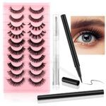 False Eyelashes Russian Strip Lashes D Curly Natural Wispy Fluffy 3D Effect Hybrid Strip Lashes Fake Eyelashes 10 Pairs Pack with 2 Self-adhesive