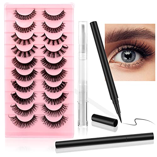 False Eyelashes Russian Strip Lashes D Curly Natural Wispy Fluffy 3D Effect Hybrid Strip Lashes Fake Eyelashes 10 Pairs Pack with 2 Self-adhesive