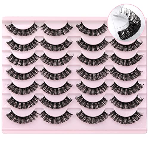 Newcally Russian Strip Lashes D Curl Wispy Fluffy False Eyelashes Natural Thick Volume Faux Mink Eye Lashes Reusable Handmade Like Fake Lashes Ex