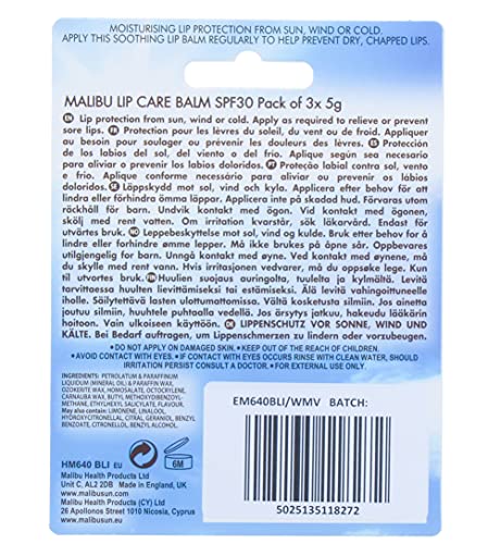 Malibu Sun SPF 30 Lip Balm Sunscreen, Watermelon, Mint and Vanilla, 3 x 5g