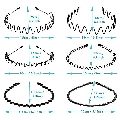 Elastic Wavy Spring Wave Hair Hoop, Multi-Style Black Non-slip Metal,Unisex Sport Fashion Hair Band Accessories for Women and Men(6 Pieces)