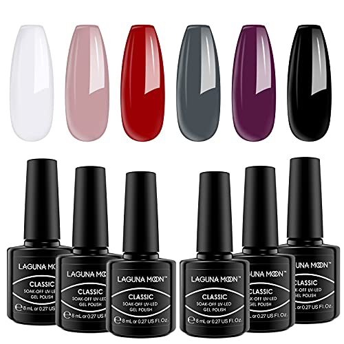 LagunaMoon™ Gel Nail Polish Set - 6 Colours Red Purple Grey Black White Pink Pigmented High-Shine Kit Gel Polish for Salon Quality DIY Nails - UV