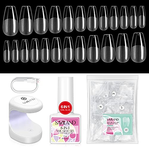 Saviland Extension Gel Nail Kit 240PCS Medium Almond & Medium Square Clear Full Cover Soft Gel Nails Tips 6-in-1 Nail Glue Gel Fake Nails Extensi