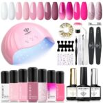 Modelones Gel Nail Polish Kit with 48W LED Light, 7 Colors White Pink Glitter Gel Nail Polish Set, U V Nail Dryer Lamp, No Wipe Base Top Coat, Na