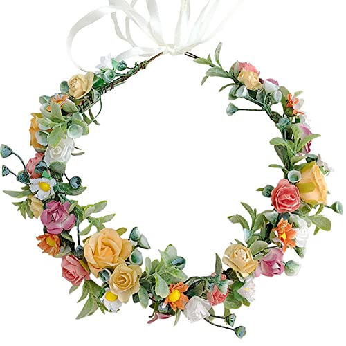 Floral Crown Headband Flower Hair Garland Headband Bridal Flower Hair Wreath Headpiece with Ribbon for Wedding Party Halloween Costume