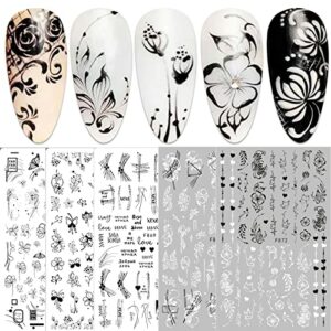 10 Sheets Spring Flowers Nail Art Stickers Decals Self-Adhesive Black White Blossom Floral Nail Supplies Nail Art Design Decoration Accessories