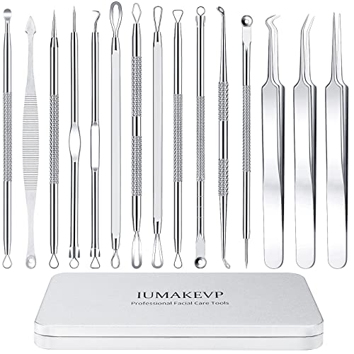 Blackhead Remover Tool Kit, IUMAKEVP 15 PCS Professional Stainless Steel Pimple Popper Comedone Extractor Tools for Removing Pimple, Blackheads,