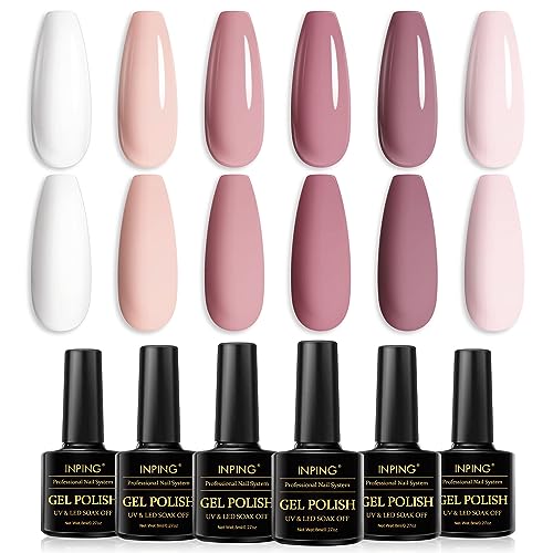 INPING Gel Nail Polish, 6 Colors Nude Gel Polish Bare Apricot Light Beige Natural Skin Dark Brown Popular Collection Soak Off UV/LED Lamp Manicur