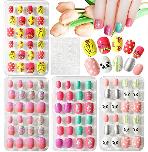 Kalolary 96PCS Kids False Nail, Children Nails Press on Pre-glue Full Cover Gradient Color Short False Nail Kit with 1pcs Nail Glue Sticker, Love