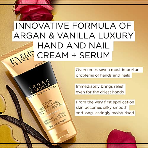Eveline Cosmetics Argan & Vanilla Luxurious Moisturising Repair Hand and Nail Cream - Nourishing Serum for Very Dry Skin | 100 ML | Fast-absorbin