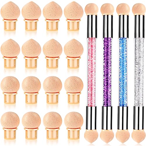 Prasacco 4 Pieces Nail Sponge for Ombre Sponge Nail Brush Gradient Nail Brush Double Head Sponge Nail Art Tool with 16 Pieces Replacement Head Na