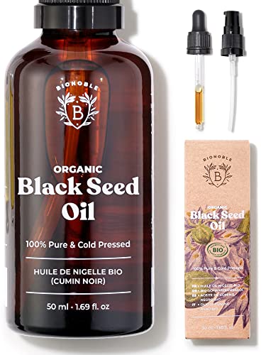 Bionoble Pure Organic Black Seed Oil, Cold Pressed 50ml - Glass bottle + Pipette + Pump - Black Cumin Seed Oil for Hair Growth - Anti-Acne and Pu