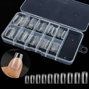 100 Pcs Clear False Nail Tips with Storage Case-Full Cover Coffin Nails in 10 Sizes for Nail Salons and DIY Nail Art-Long Lasting and Durable Art